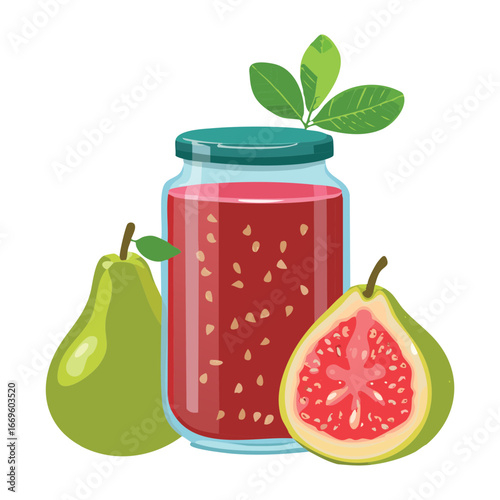 Glass jar of guava jam with fresh green pear and sliced pink guava fruit on table - Vector Illustration