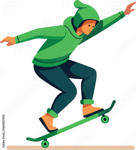 Skateboarder performing a trick, demonstrating skill and balance isolated on white background