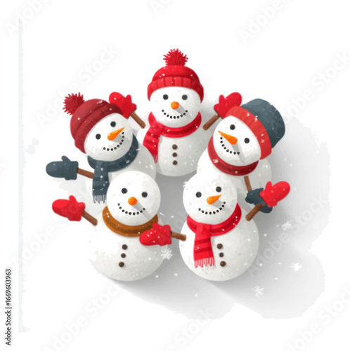 Cheerful Cartoon Snowmen Group with Holiday Accessories in 3D Style
