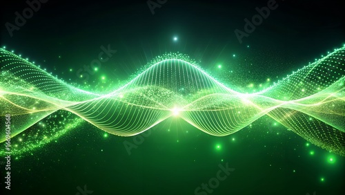 Photo of vibrant green and yellow glowing digital wave of particles forming an abstract sound wave or data stream, symbolizing energy, science, and connection
