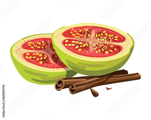 Freshly cut guavas with visible seeds and cinnamon sticks on the side - Vector Illustration