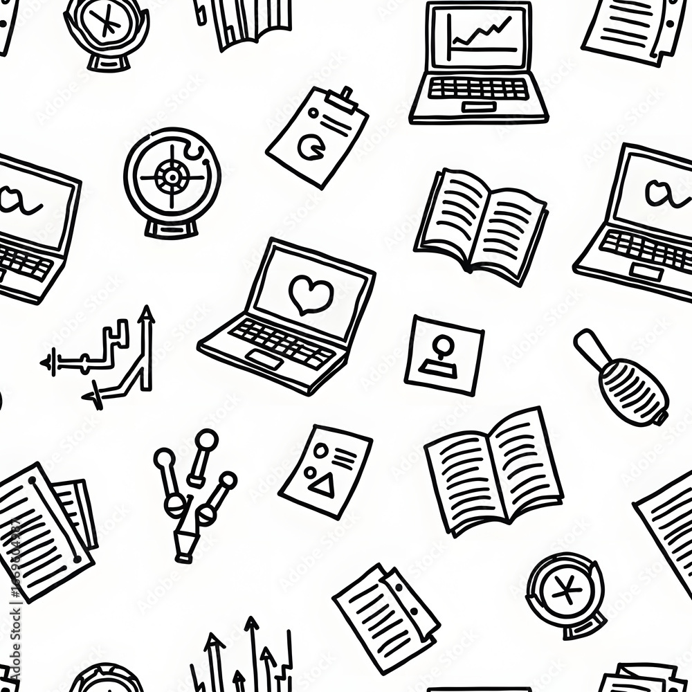 A seamless pattern of business and office icons on a white background A seamless pattern of business and office icons on a white background