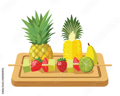 A platter of colorful fruit skewers with pineapple, strawberries and guavas - Vector Illustration