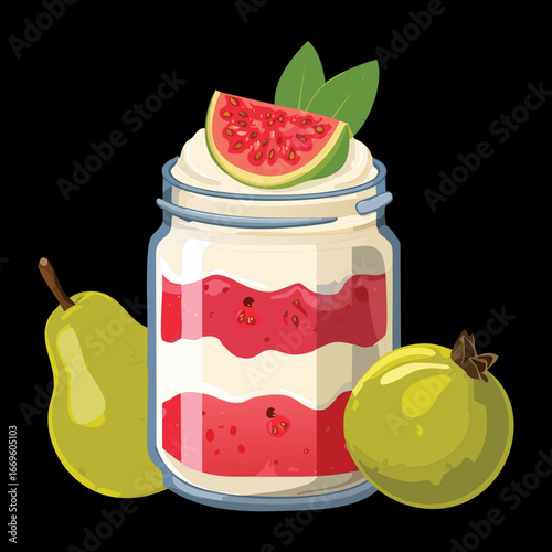 A vibrant dessert with layers of pink guava and creamy goodness in a jar - Vector Illustration