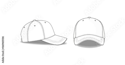 Clean vector illustration showcasing two white baseball caps from different angles, perfect for design mockups and apparel branding