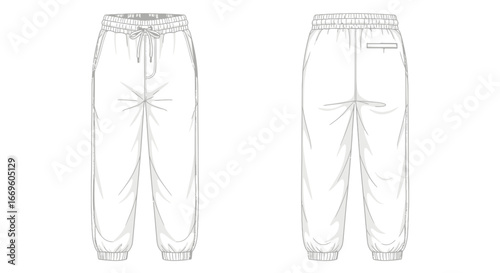 Fashion flat sketch of front and back views of comfortable elastic-waist joggers with drawstring and cuffed ankles, showcasing a minimalist and versatile design for everyday wear