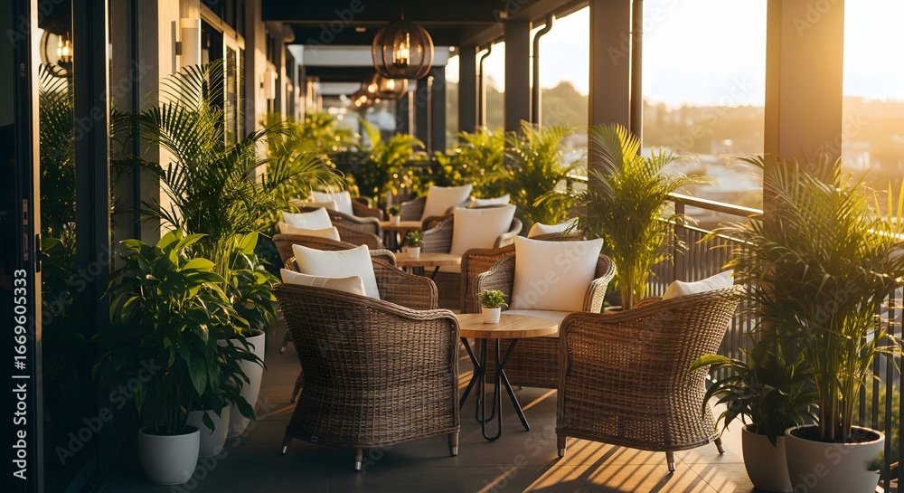 Fototapeta premium Inviting outdoor balcony seating area adorned with lush green plants and warm sunset light