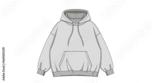 Minimalist grey hoodie with a spacious kangaroo pocket and adjustable drawstring, presented as a clean flat fashion illustration on a white background, perfect for apparel design