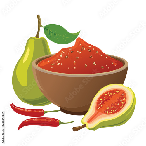 A rustic bowl of spicy red guava paste with green guavas and chili peppers - Vector Illustration