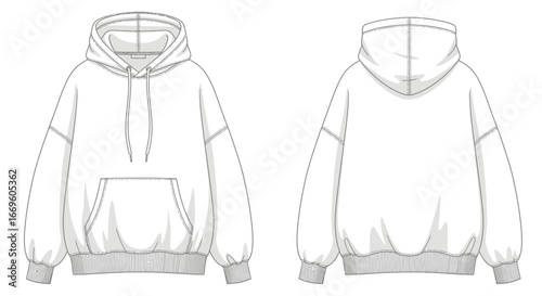 Fashion flat sketch of a white oversized hoodie with a front pocket and drawstring hood, presented from the front and back for garment design and creation