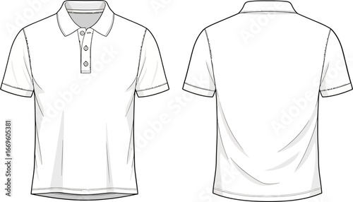Flat design illustration of a white short-sleeved polo shirt with a collar and buttons, shown from the front and back views