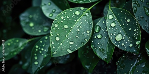 Wet garden leaves in close detail with dark background and soft glowing droplets Stock photo