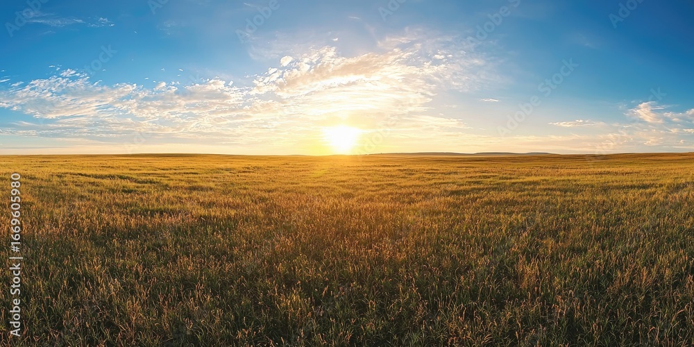 Fototapeta premium Wide open prairie with sun emerging from distant horizon Stock photo