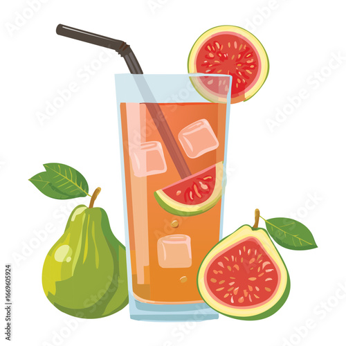 A tall glass of iced fruit tea with slices of guava and lime - Vector Illustration