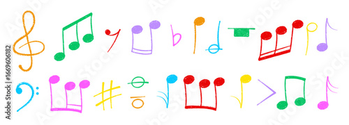 Crayon pastel or chalk music note signs doodle hand drawn symbol shapes set. Chalkboard textured musical symbols treble, bass clefs, pauses doodle collection.