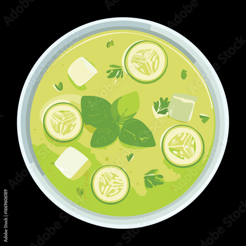 Fresh green guava smoothie bowl with avocado, cucumber and herbs for breakfast - Vector Illustration