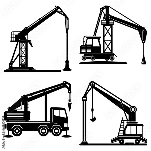 Illustration showing four different types of construction cranes in black silhouette on a white background