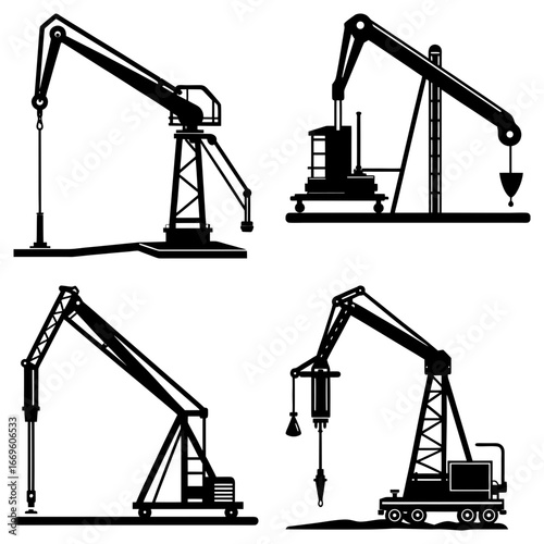 Illustration of four distinct oil pump jack silhouettes in a clean and graphic style design layout