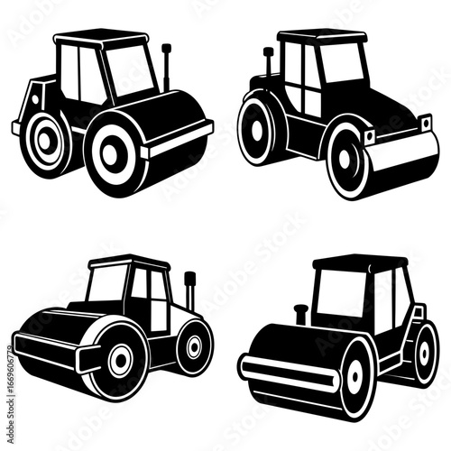 Four black and white illustrations of road rollers in varying perspectives and orientations shown together