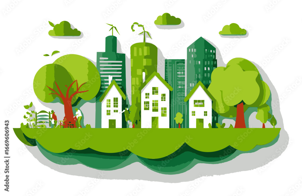 Fototapeta premium Vibrant Eco-Friendly Cityscape with Green Trees and Sustainable Buildings