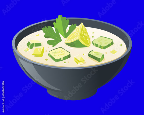 Refreshing green guava soup with fresh herbs and sliced avocado in a dark bowl - Vector Illustration