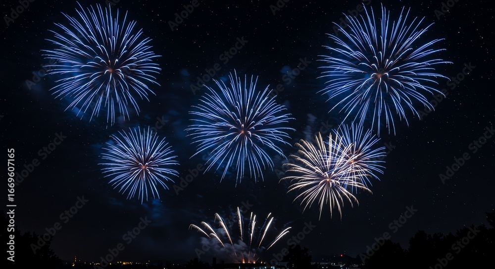Fototapeta premium Blue fireworks display against dark night sky