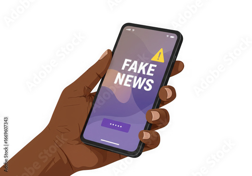 Hand holding smartphone displaying fake news alert isolated on transparent background