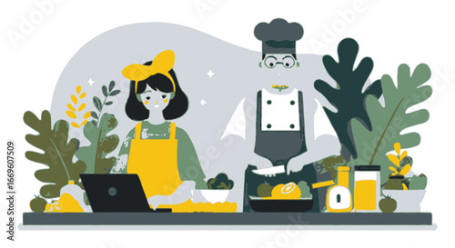 Colorful Cartoon Chefs Preparing Fresh Food in Cozy Kitchen Setting