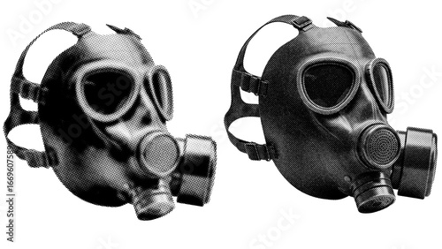 Retro vintage Gasmask halftone on transparent PNG. Ideal for overlays, posters, and designs. High-res, AI-based with human edited effects. Old vintage Gasmask in trendy dotted pop art style.