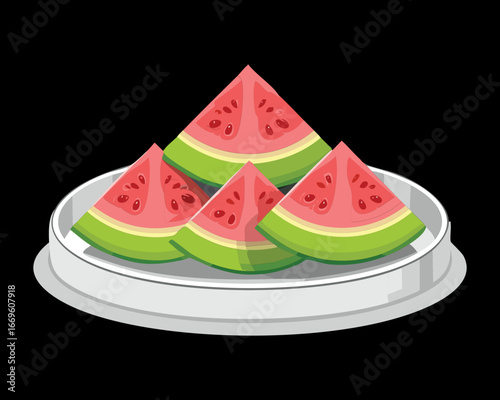 A plate of fresh watermelon wedges with dark seeds, a hydrating and juicy summer fruit - Vector Illustration