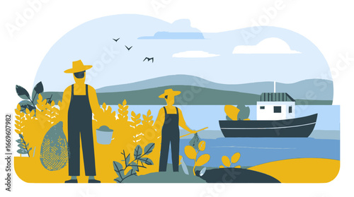Cartoon Farm Scene with Farmers and Boat on Serene Water Landscape