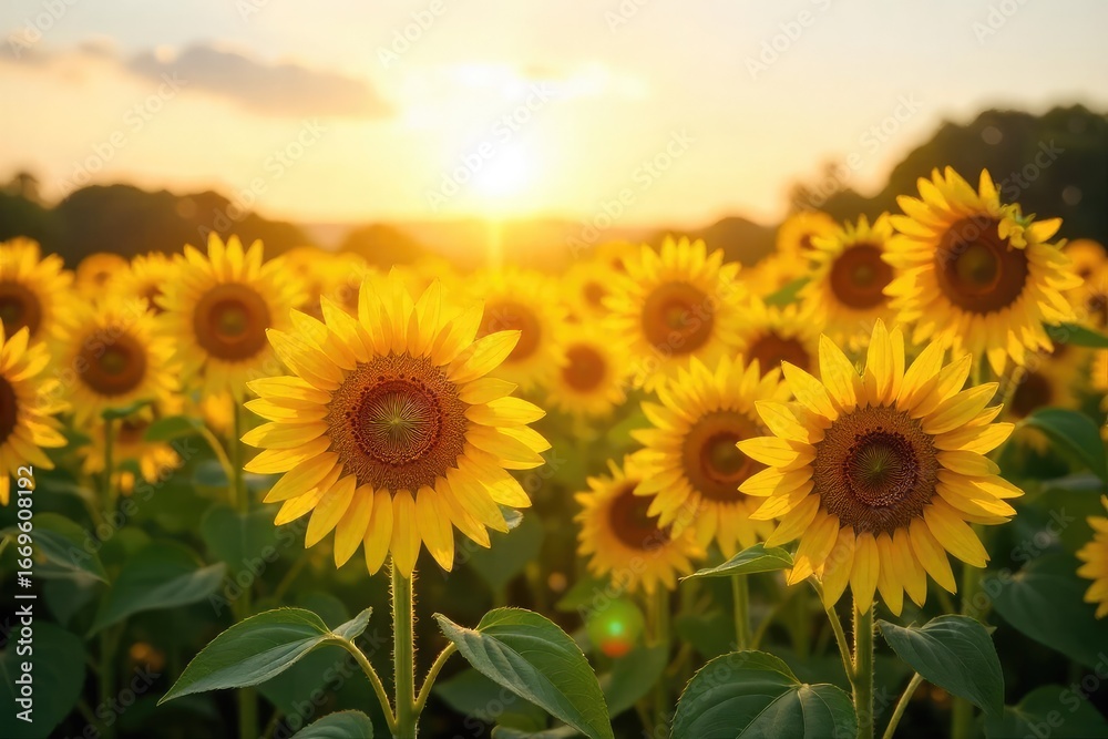 Obraz premium A field of sunflowers basking in the golden sunlight, their faces turned towards the sun, creating a vibrant and cheerful scene Perfect for summer, nature, and happiness themes , sunflowers, leaves