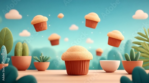 Delicious Cupcakes: 3D Render of Sweet Treats & Plants