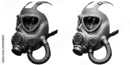 Retro vintage Gasmask halftone on transparent PNG. Ideal for overlays, posters, and designs. High-res, AI-based with human edited effects. Old vintage Gasmask in trendy dotted pop art style.