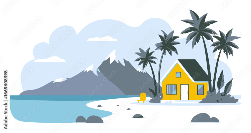 Fototapeta premium Tropical Beach Scene with Cartoon House and Palm Trees in Flat Style
