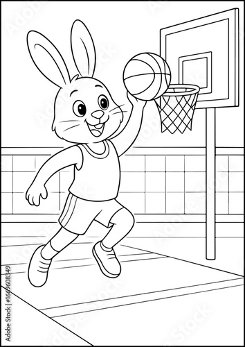 Coloring Page, A rabbit basketball player making a slam dunk on the court.