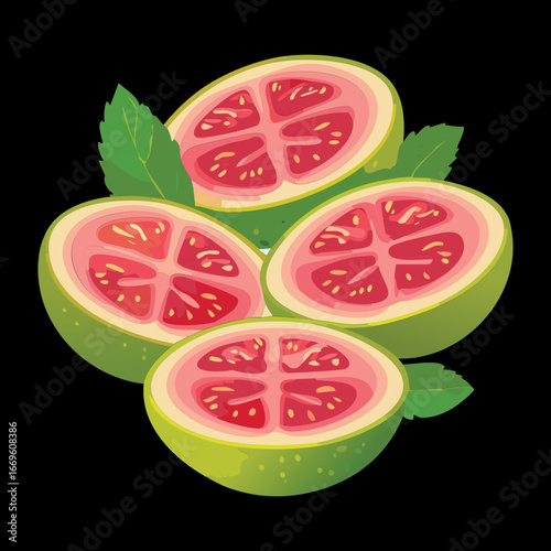 A pile of sliced pink guava halves with fresh mint leaves on a white background, a healthy and tasty treat - Vector Illustration