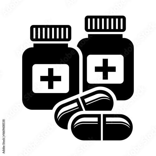 A black and white icon illustration showing two medicine bottles with cross symbols and several capsules in front. The simple and bold design represents healthcare, pharmacy, and medical treatment.