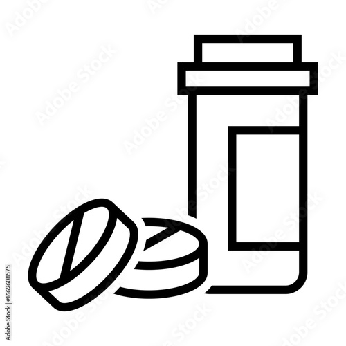 Black and white icon illustration showing a medicine bottle with capsules and pills in front. The clean outline style makes it suitable for medical, healthcare, and pharmacy themes.