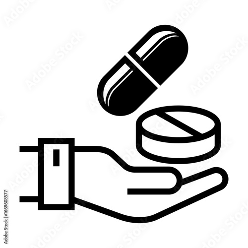 Black and white icon illustration showing a hand holding pills and capsules. The simple design represents healthcare, medical treatment, pharmacy, and medication support.