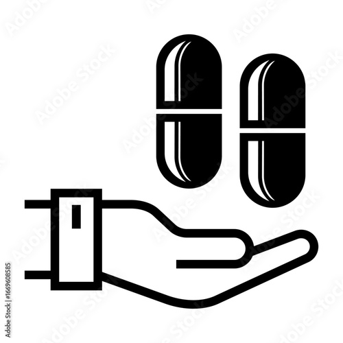 Icon of a hand holding capsules, symbolizing medicine, treatment, and healthcare support. Design vector symbol illustration.