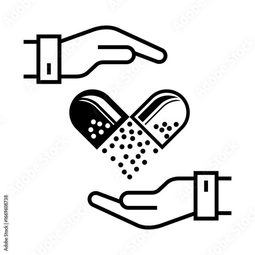 Black and white vector illustration of two hands with an open capsule in between, releasing small particles, symbolizing healthcare, medicine, treatment, or pharmaceutical care. Love heart design.