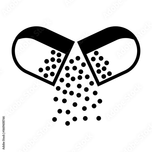 Icon design vector illustration of an open capsule releasing particles, symbolizing medicine, healthcare, pharmacy, and treatment.