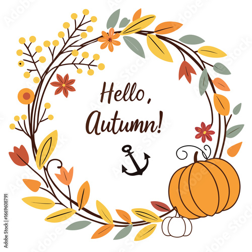 Hello Autumn Wreath With Pumpkin Anchor And Flowers fall