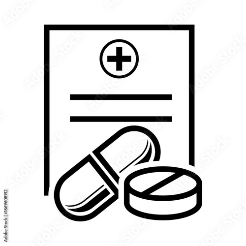 Outline icon of a medical prescription document with capsules and tablets, symbolizing healthcare, medication, and treatment. Design vector illustration.
