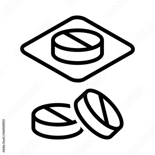 Outline icon of tablets and capsules on a tray, symbolizing medicine, healthcare, or pharmaceutical products. Design vector illustration.