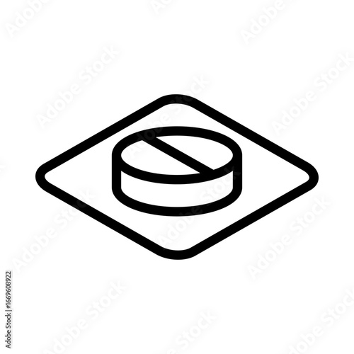 Outline icon of a single round pill on a tray, symbolizing medicine, dosage, or pharmaceutical products. Design vector illustration.