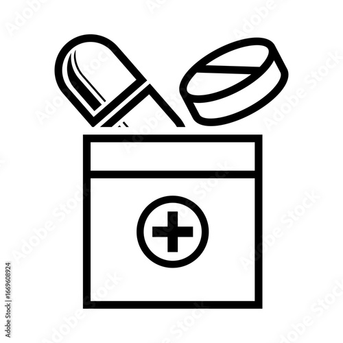 Outline icon of a medicine box with a cross symbol, capsule, and tablet, representing pharmaceutical products and healthcare. Design vector symbol illustration.
