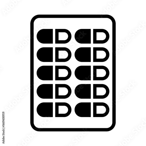 A simple outlined icon of a medicine blister pack containing multiple capsule-shaped pills arranged in rows. Design vector symbol illustration.