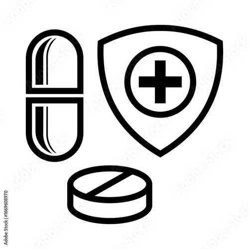 An outlined icon showing capsules, a tablet, and a shield with a medical cross symbol, representing medicine safety and healthcare protection.